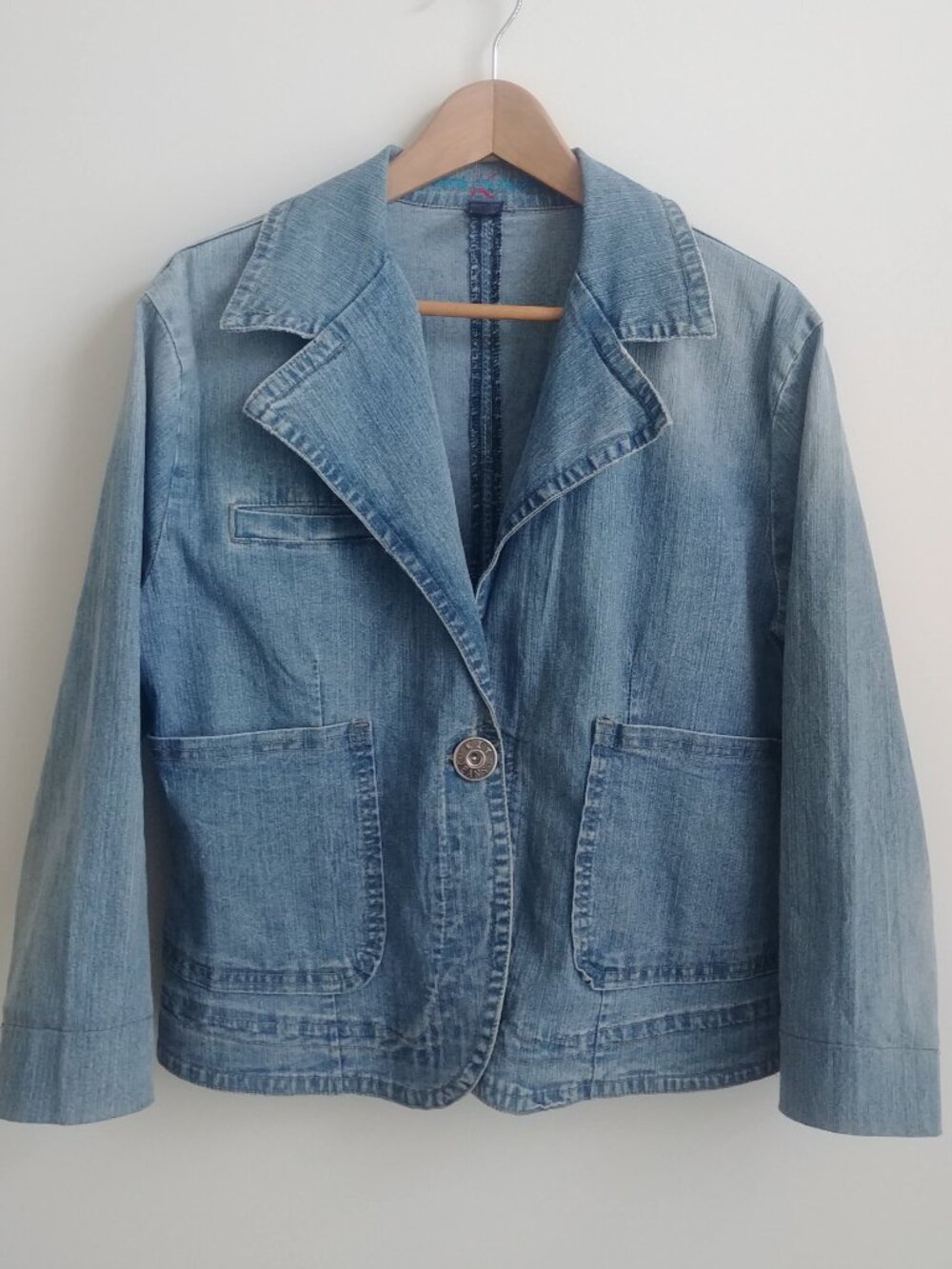 KIT XL ramie cotton light blue denim blazer jacket single button front pockets